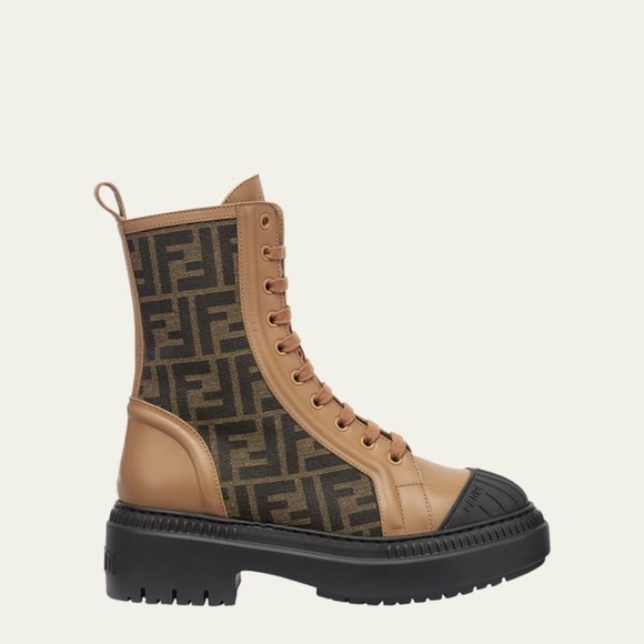 Fendi Shoes - Fendi Tan Leather & Monogram Combat Boots with Black Sole